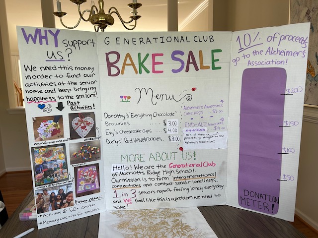 Poster board for a Generational Club bake sale fundraiser, with photos of past craft activities and a donation meter benefiting the Alzheimer's Association